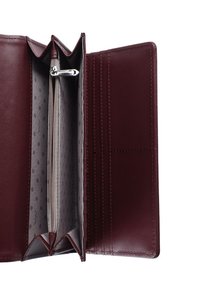 Burgundy leather wallet with a zippered compartment, multiple card slots, and a lined interior featuring a polka dot pattern.