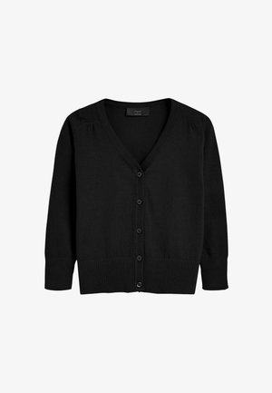 Crni kardigan dugih rukava s V-izrezom, pet dugmadi i rebrastim manšetama i rubom, s oznakom "next school" unutar ovratnika.