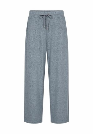 Gray wide-leg pants made of soft, textured fabric with a drawstring waist and a subtle heather pattern.