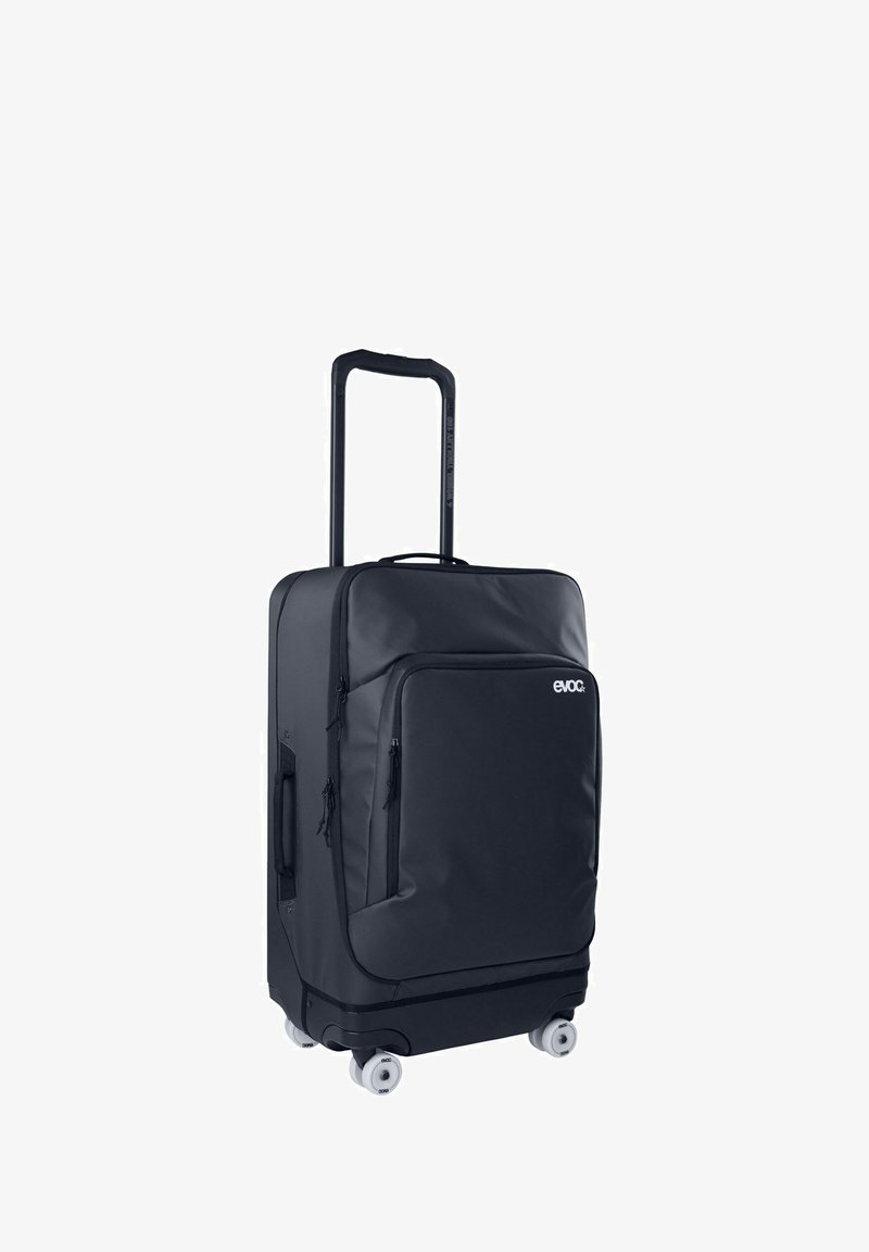 Valigia nera con ruote dal design elegante, esterno in tessuto resistente, maniglia retraibile, tasca frontale con zip e ruote che scorrono agevolmente.