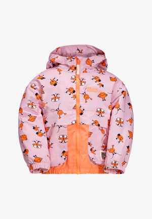 Giacca impermeabile rosa con pattern a fumetti arancioni, dotata di chiusura con zip e tasca arancione a contrasto, polsini elasticizzati e cappuccio.