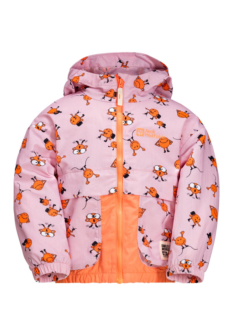 Giacca impermeabile rosa con pattern a fumetti arancioni, dotata di chiusura con zip e tasca arancione a contrasto, polsini elasticizzati e cappuccio.