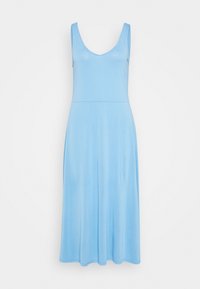 Light blue sleeveless dress with a V-neckline, flowing design, and knee-length hem displayed against a white background.
