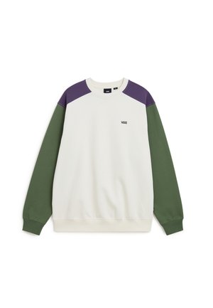 Bluza typu crewneck z beżowym korpusem, fioletowymi panelami na ramionach, oliwkowozielonymi rękawami i małym logo Vans na piersi.