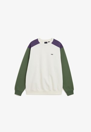 Crewneck-Sweatshirt mit off-white-farbenem Körper, lila Schulterpanelen, olivgrünen Ärmeln und kleinem Vans-Logo auf der Brust.