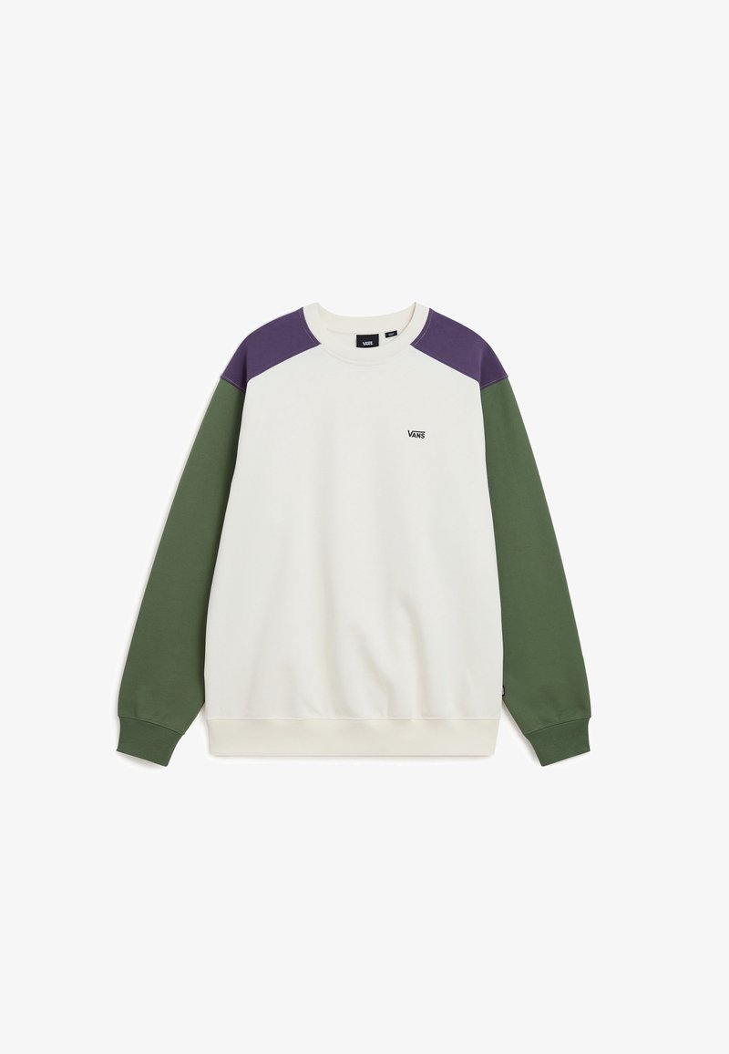 Sweat-shirt col rond avec corps blanc cassé, panneaux violets aux épaules, manches vert olive et petit logo Vans sur la poitrine.