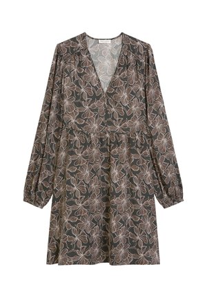 Langärmliges Kleid mit V-Ausschnitt, lockerem Taillenbereich und braunem Blumenmuster auf dunklem Hintergrund, elastische Ärmelbündchen.