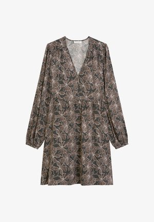 Langärmliges Kleid mit V-Ausschnitt, lockerem Taillenbereich und braunem Blumenmuster auf dunklem Hintergrund, elastische Ärmelbündchen.