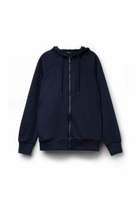 Sudadera con cremallera de color azul marino, hecha de una tela suave, que cuenta con capucha con cordones, puños acanalados y mangas raglán. Diseño minimalista, sin patrones.