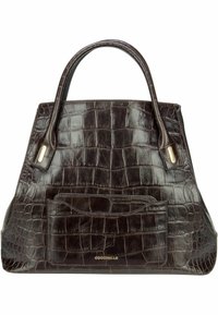 Mörkbrun läderhandväska med krokodilpräging, strukturerad form, dubbla handtag, framficka och detaljer i guldton.