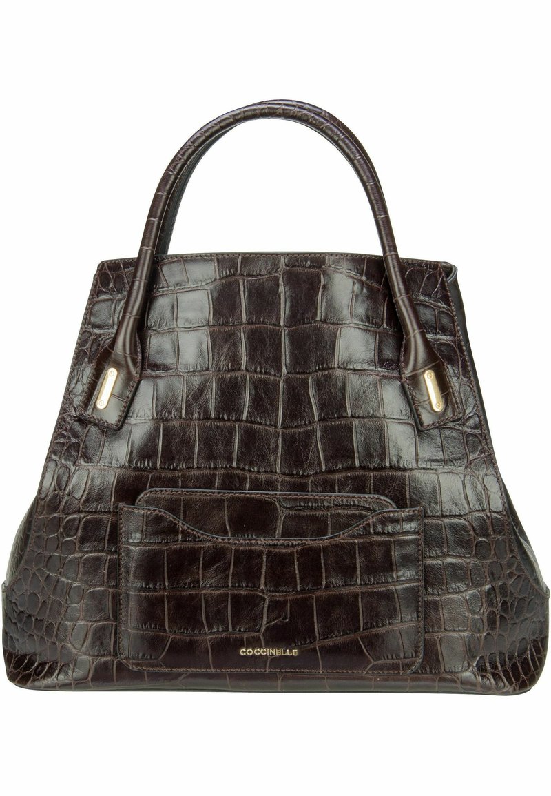 Mörkbrun läderhandväska med krokodilpräging, strukturerad form, dubbla handtag, framficka och detaljer i guldton.