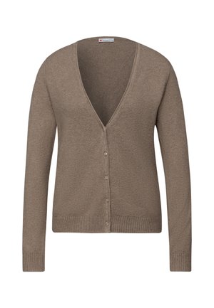 Brązowy kardigan z dekoltem w serek, długimi rękawami i zapinany na guziki. Wykonany z miękkiego materiału, z prążkowanymi mankietami i obrębem.