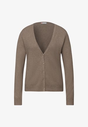 Brązowy kardigan z dekoltem w serek, długimi rękawami i zapinany na guziki. Wykonany z miękkiego materiału, z prążkowanymi mankietami i obrębem.