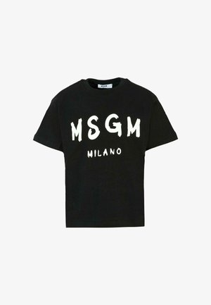 T-shirt nera in cotone con maniche corte, con grandi scritte bianche "MSGM" e "MILANO" stampate sul davanti in uno stile audace a pennellate.