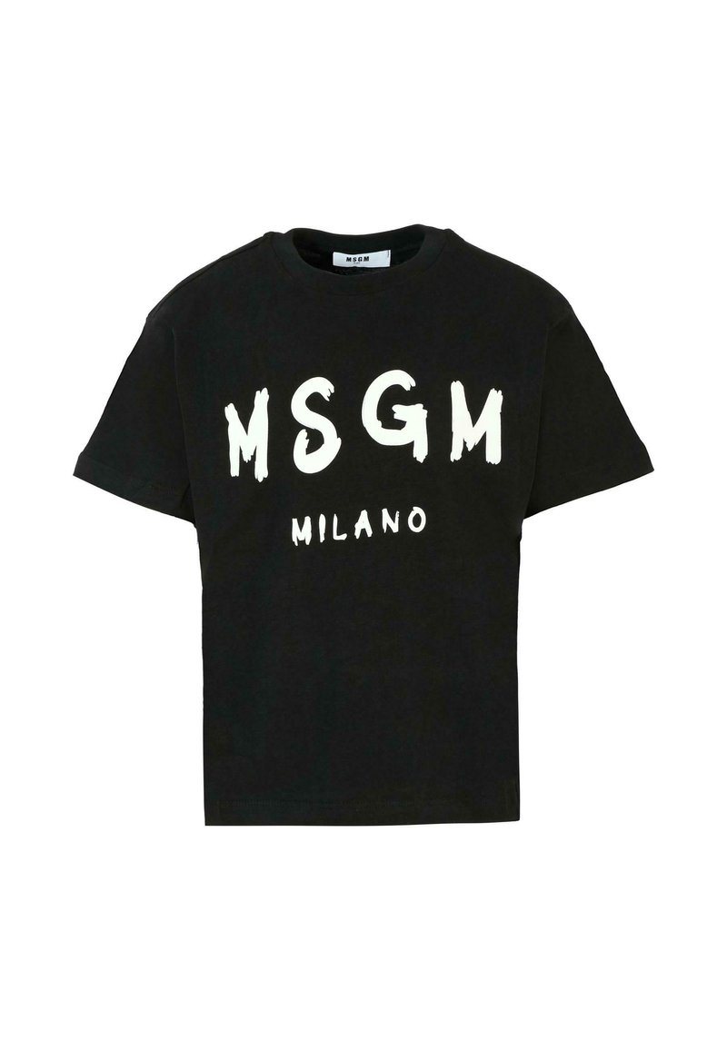Zwart katoenen T-shirt met korte mouwen, met grote witte teksten "MSGM" en "MILANO" aan de voorkant, gedrukt in een gedurfde penseelstreekstijl.