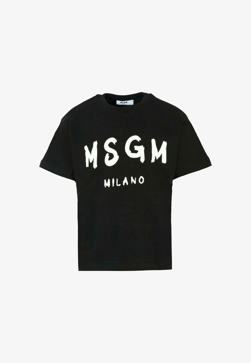Zwart katoenen T-shirt met korte mouwen, met grote witte teksten "MSGM" en "MILANO" aan de voorkant, gedrukt in een gedurfde penseelstreekstijl.