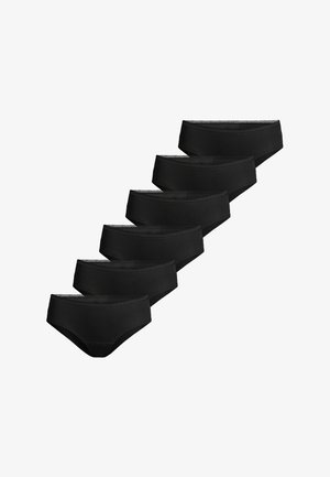 Seks identiske sorte hipstertrusser til kvinder stablet diagonalt på en hvid baggrund.