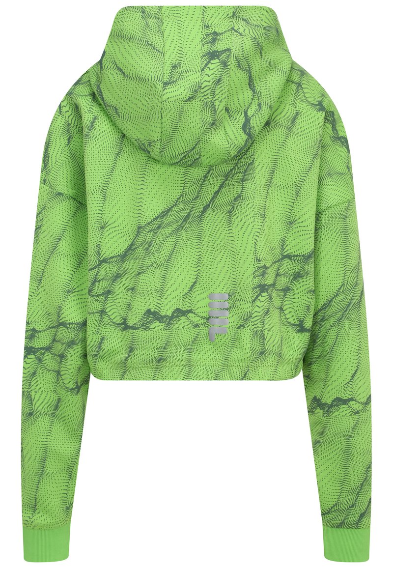 Sudadera corta verde con patrones abstractos en forma de olas verde oscuro y un pequeño emblema reflectante plateado en la parte baja de la espalda.