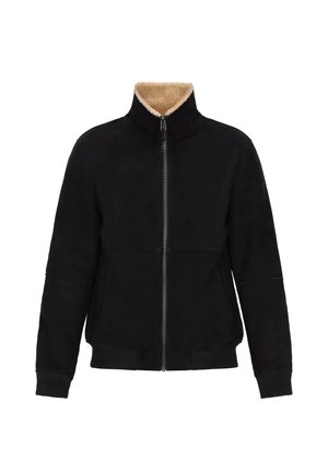 Giacca in suede nera con colletto alto, foderata in shearling beige, zip frontale e polsini e orlo a maglia. Presenta un design semplice e minimal.