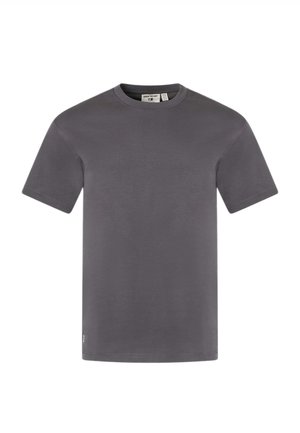 Effen donkergrijs T-shirt met korte mouwen en ronde hals, zichtbare stiksels en een klein label binnen in de kraag.