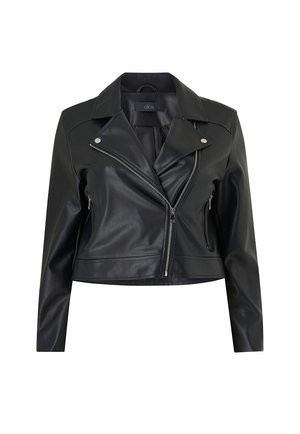 Sort kort bikerjakke i imiteret læder med asymmetrisk sølv lynlås og lynlåslommer i siderne.
