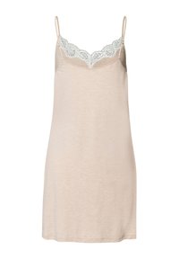 Lichtbeige slipdress met verstelbare spaghettibandjes, voorzien van een kanten rand langs de halslijn. Glad stof met een subtiele textuur.