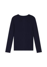 Marineblaues Langarmshirt mit rundem Ausschnitt. Glatter, dehnbarer Stoff mit figurbetonter Passform. Keine sichtbaren Muster oder Grafiken. Schlichtes Design.