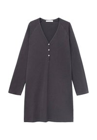 Abito tunica lungo grigio scuro a maniche lunghe in cotone, caratterizzato da un colletto a V, tre bottoni frontali e maniche raglan.