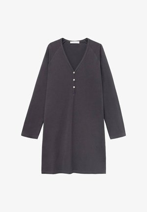 Tamnosiva dugih rukava tunika haljina od pamuka, s V-izrezom, tri dugmeta sprijeda i rukavima tipa raglan.