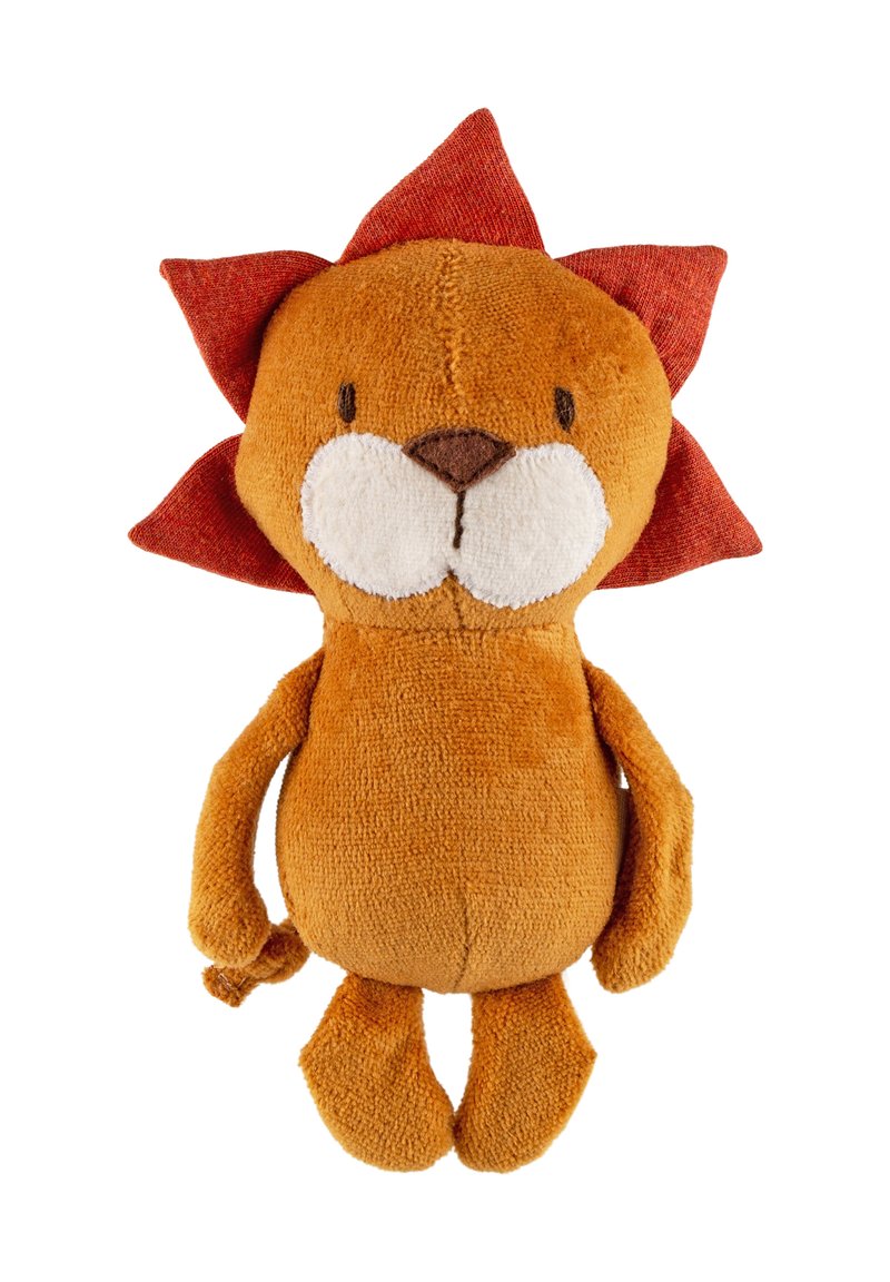Stuffed lion toy with soft orange body, red textured mane, and beige facial features. It has round paws and a small tail.