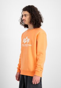 Orangener Sweatshirt aus Baumwolle mit einem weißen Logo auf der Vorderseite. Klassisches Rundhalsdesign mit langen Ärmeln und gerippten Bündchen.
