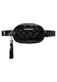 Borsa a cintura ovale in pelle verniciata nera, con motivo trapuntato, zip argentata, nappa decorativa e tracolla regolabile.