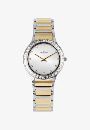 Silberne und goldene Armbanduhr mit kristallbesetzter Lünette, goldenen Stundenmarkierungen, goldenen Zeigern und einem zweifarbigen Metallarmband, zeigt die Zeit 10:10 an.