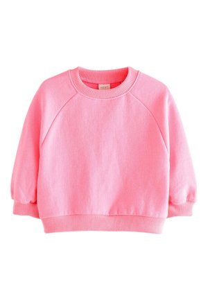 Hanorac roz pal cu gât rotund, mâneci lungi, mansete, tiv și guler drepte, prezentat pe un fundal alb.