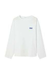 Valge pika varrukaga puuvillane särk, millel on rinnal väike sinine "American Vintage" logo, ümar kaelus ja lõdvestunud istuvus.