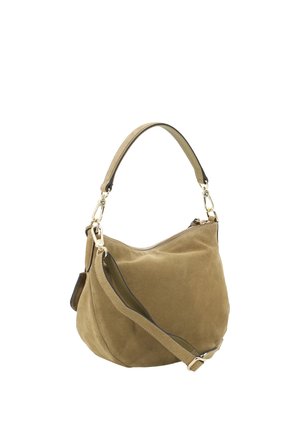 Brown suede shoulder bag with gold hardware, top zipper, and adjustable strap on a white background.