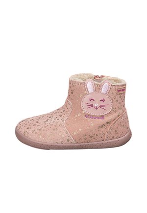 Botas para toddler en color rosa con un interior suave, que presentan un diseño de cara de conejo y detalles salpicados de oro en la superficie texturada.