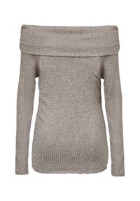 Taupe gerippter Strick-Oberteil mit schulterfreier, langer Ärmeln, breitem gefaltetem Kragen und taillierter Silhouette.
