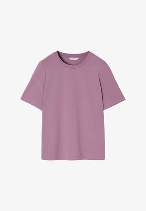 Kurzärmliges T-Shirt mit Rundhalsausschnitt aus weichem lilacfarbenem Stoff. Verfügt über ein einfaches Design mit klaren Linien und minimalen Nähdetails.