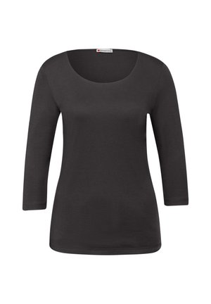 Černá dámská košile s dlouhým rukávem, kulatým výstřihem a přiléhavým střihem, zobrazena na bílém pozadí.