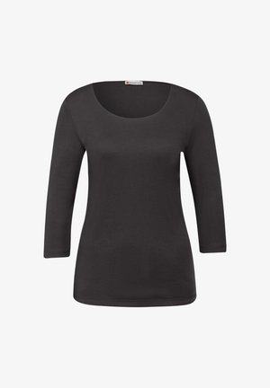 Černá dámská košile s dlouhým rukávem, kulatým výstřihem a přiléhavým střihem, zobrazena na bílém pozadí.