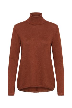 Pulover cu guler înalt, de culoare ruginiu, realizat din material tricotat moale, având un guler striat și o margine spate ușor mai lungă pentru un confort relaxat.