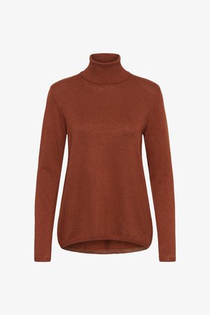 Rustfarbener Rollkragenpullover aus weichem Strickmaterial, mit geripptem Kragen und etwas längerem Saum hinten für eine entspannte Passform.