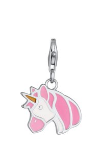 Charm de licorne rose en métal, comportant un clip argenté, des détails faciaux blancs et une corne dorée. Design texturé avec des rayures roses.