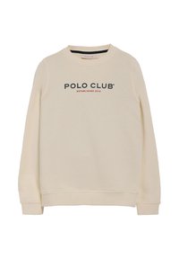 Crème sweatshirt van een katoenmix, met een ronde hals en lange mouwen. Voorzijde toont "POLO CLUB" in vetgedrukt, met daaronder "OPGERICHT 2012".