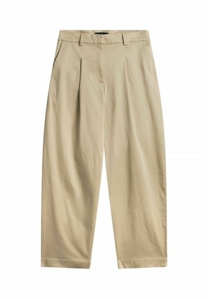 Beige wide-leg trousers with pleats, belt loops, side pockets, and a concealed front fastening, made of lightweight fabric.