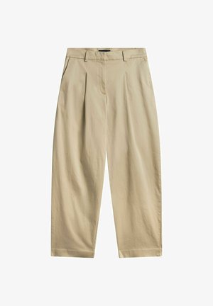 Beige broek met wijde pijpen, plooien, riemlussen, zijzakken en een verborgen voorzijde sluiting, gemaakt van lichtgewicht stof.