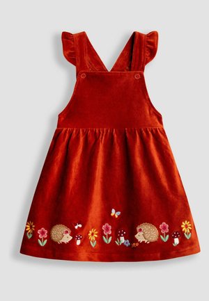 Kordelkleid in verbranntem Orange mit Rüschenträgern und einem schwingenden Rock. Bestickte Igel, Blumen und Schmetterlinge zieren den Saum.