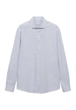 Camicia azzurra a maniche lunghe con bottoni, caratterizzata da sottili righe verticali bianche, tessuto morbido, colletto classico e chiusura con bottoni sulla parte anteriore.