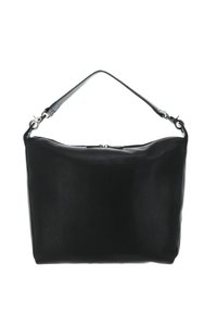 Sac à main en cuir noir, surface douce et texturée, forme rectangulaire, fermeture éclair supérieure, bandoulière unique avec des accents métalliques argentés.